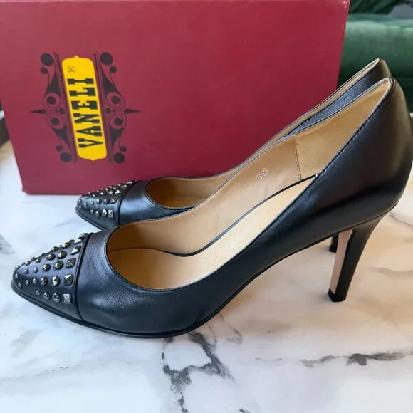 NEW Vaneli Ancyra Black Leather Studded Pumps Size 8.5 - Picture 4 of 7